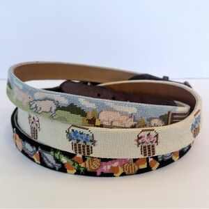 Needlepoint hand stitched vintage belts with solid brass buckles